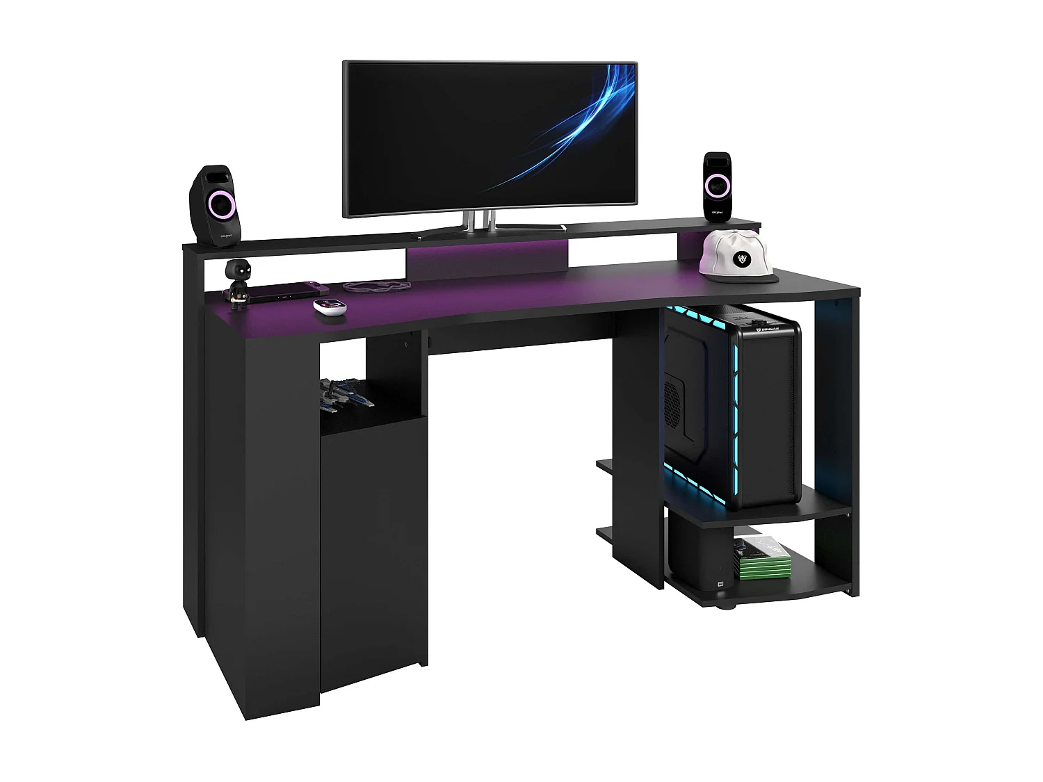 Pack muebles gaming con LED incluido color negro estilo moderno (mesa gamer + 2 estanterías)