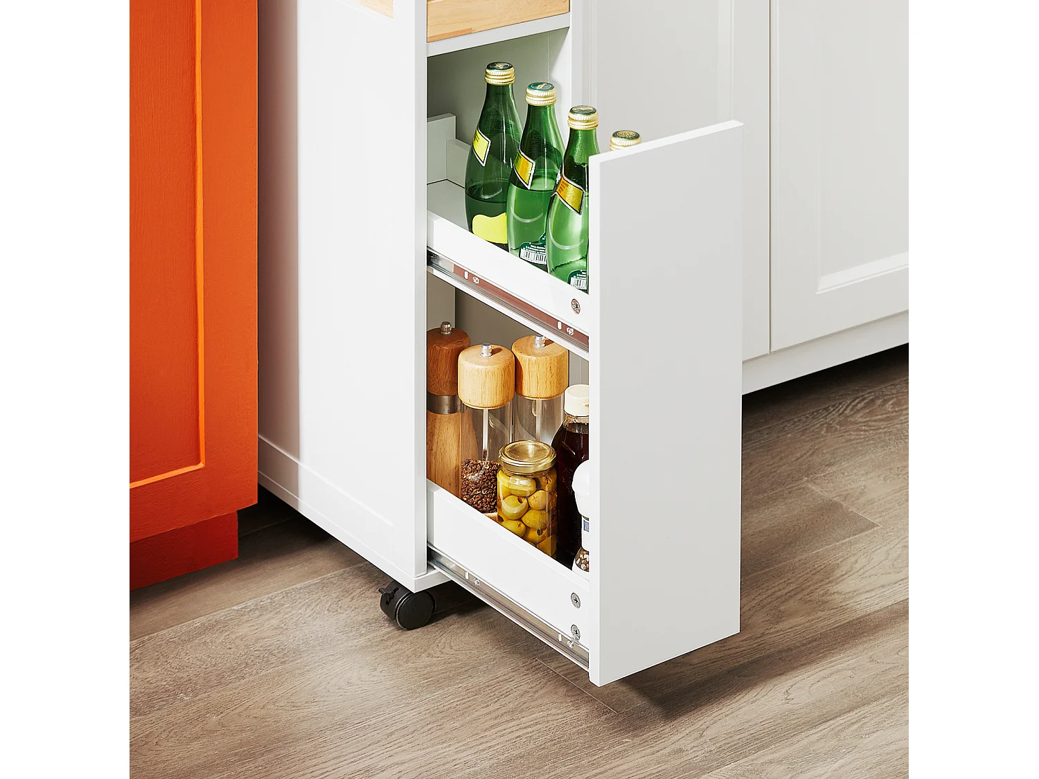 SoBuy Chariot de Rangement Étroit à Roulettes, Plateau en Bois et Tiroir Double