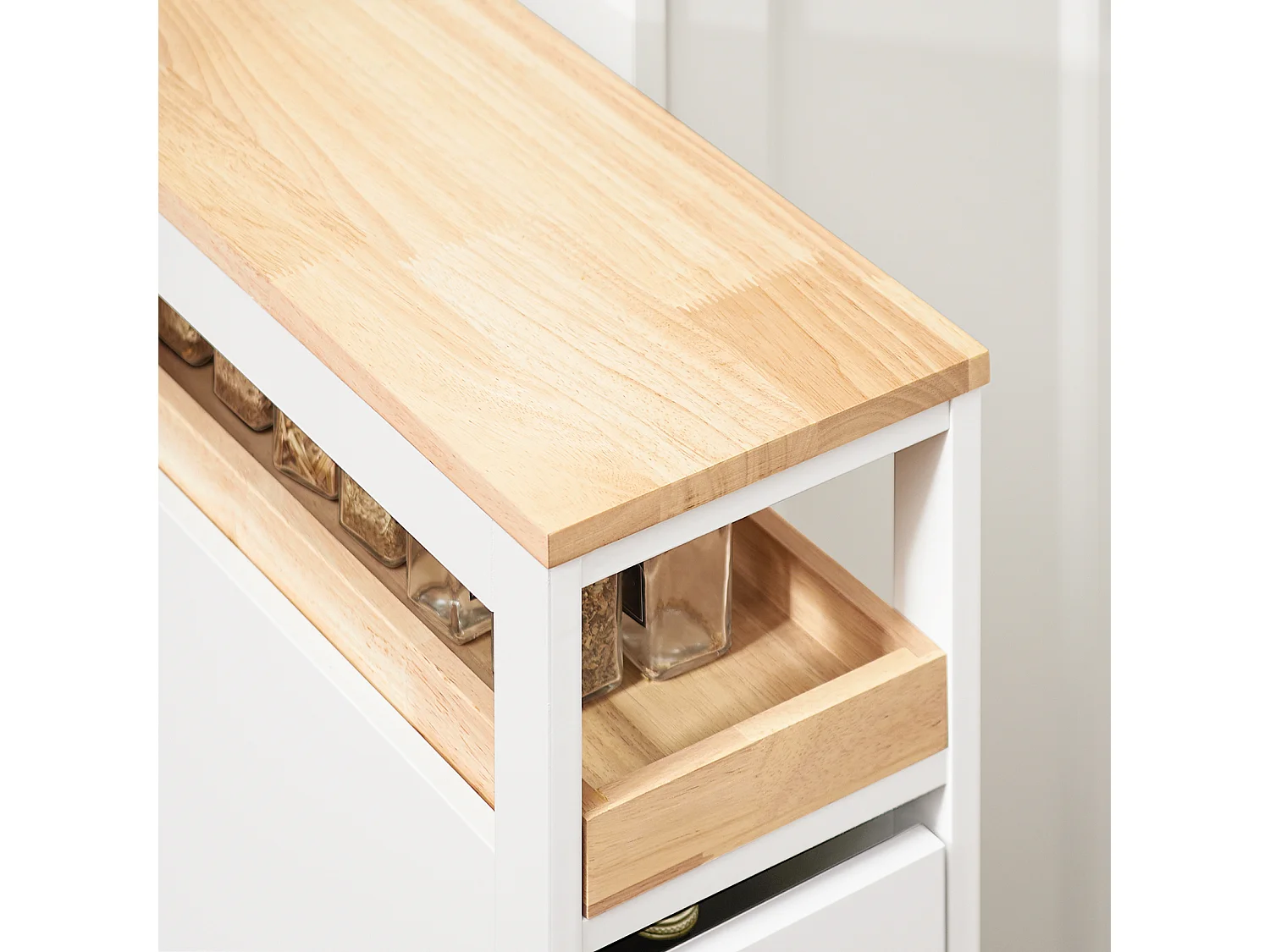 SoBuy Chariot de Rangement Étroit à Roulettes, Plateau en Bois et Tiroir Double