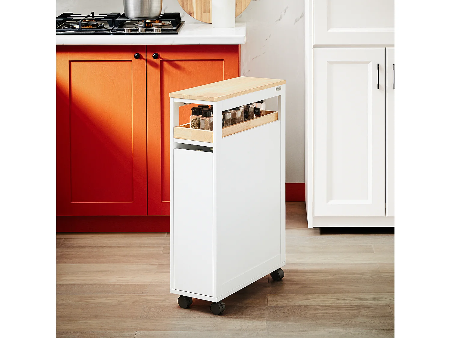 SoBuy Chariot de Rangement Étroit à Roulettes, Plateau en Bois et Tiroir Double