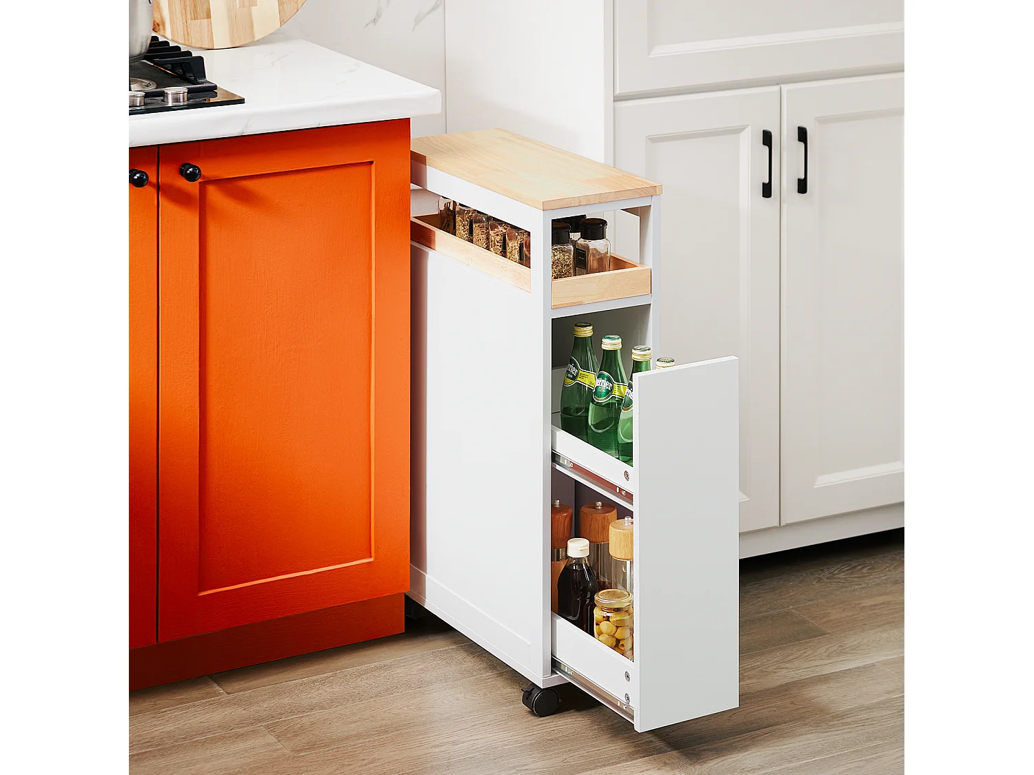 SoBuy Chariot de Rangement Étroit à Roulettes, Plateau en Bois et Tiroir Double