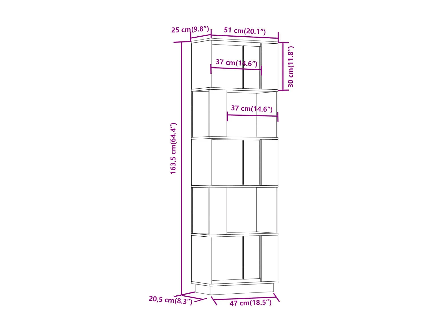Caledonia  Bibliothèque/Cloison Marron miel 51x25x163,5 cm Pin solide