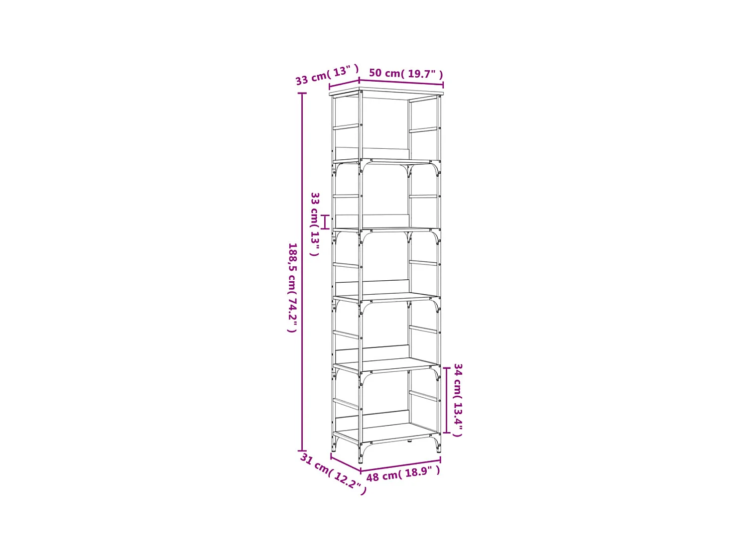 Namur  Bibliothèque sonoma gris 50x33x188,5 cm bois d'ingénierie