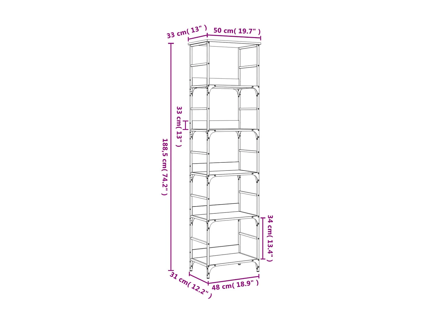Namur  Estantería de madera de ingeniería gris Sonoma 50x33x188,5 cm