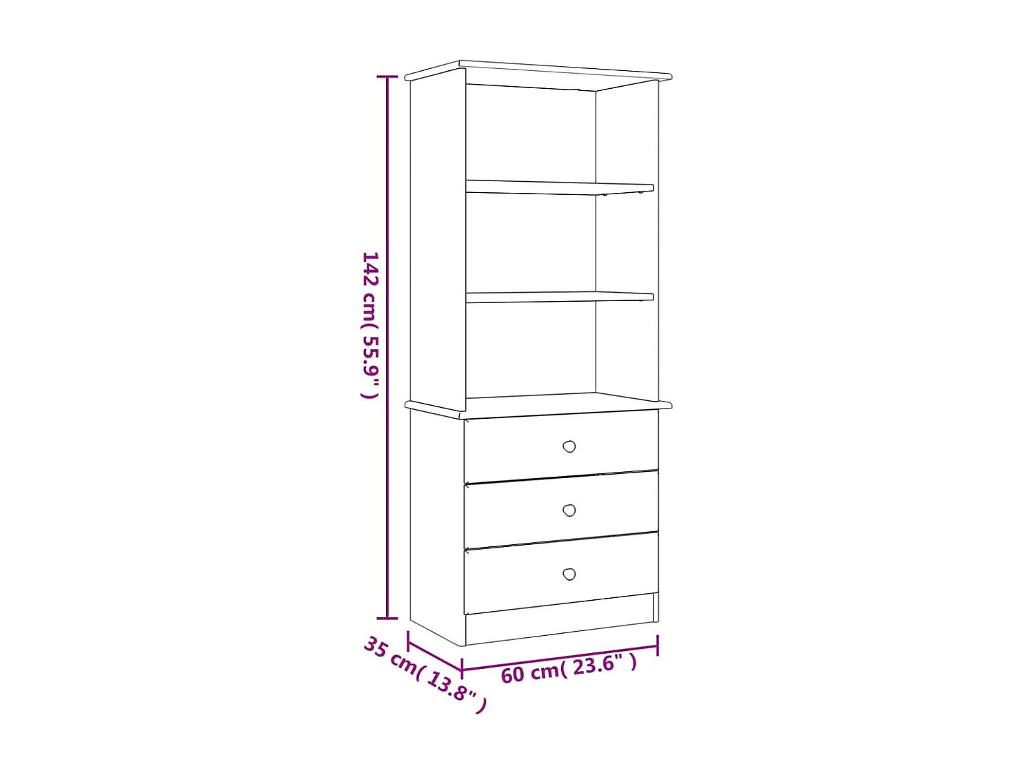 Arven  Bibliothèque avec tiroirs ALTA 60x35x142 cm bois massif de pin