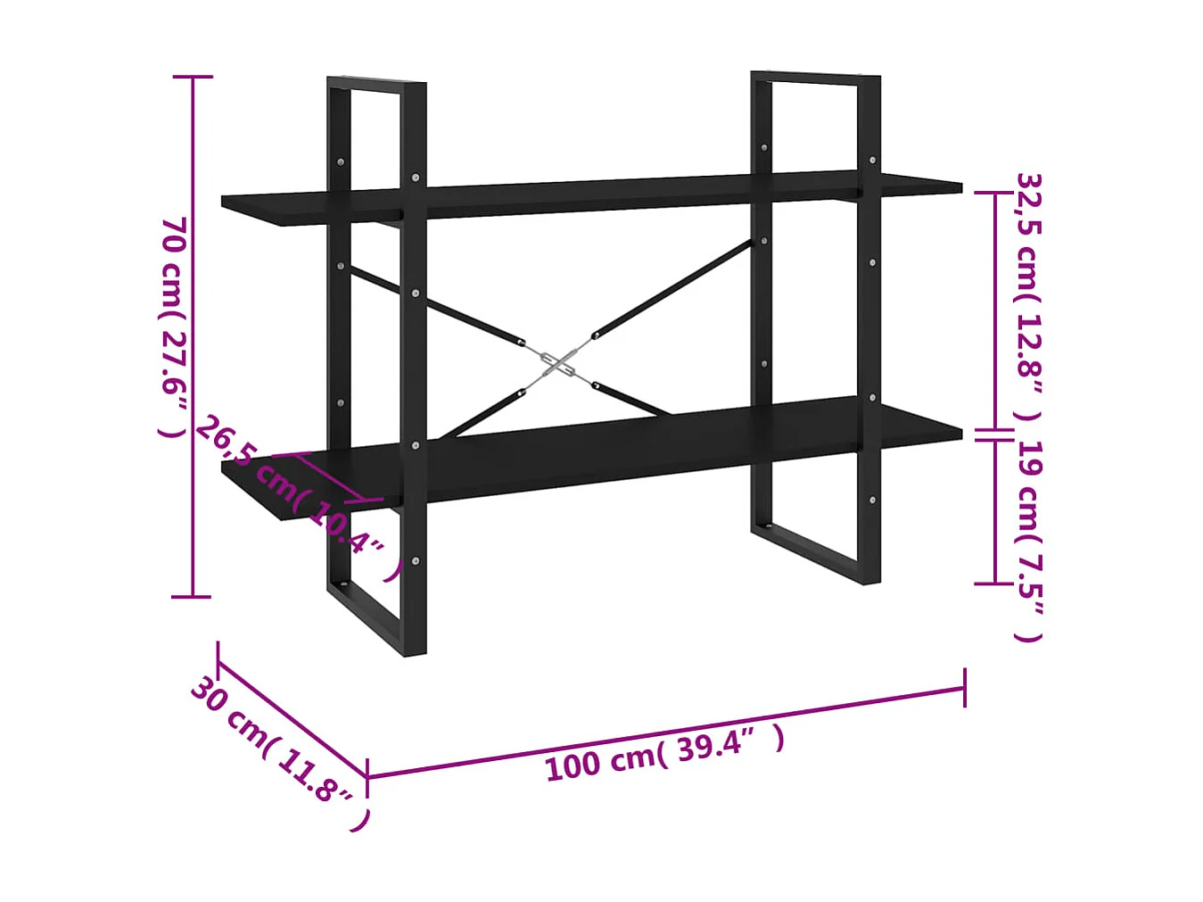 Gitana  Bibliothèque à 2 niveaux noir 100x30x70 cm bois d'ingénierie