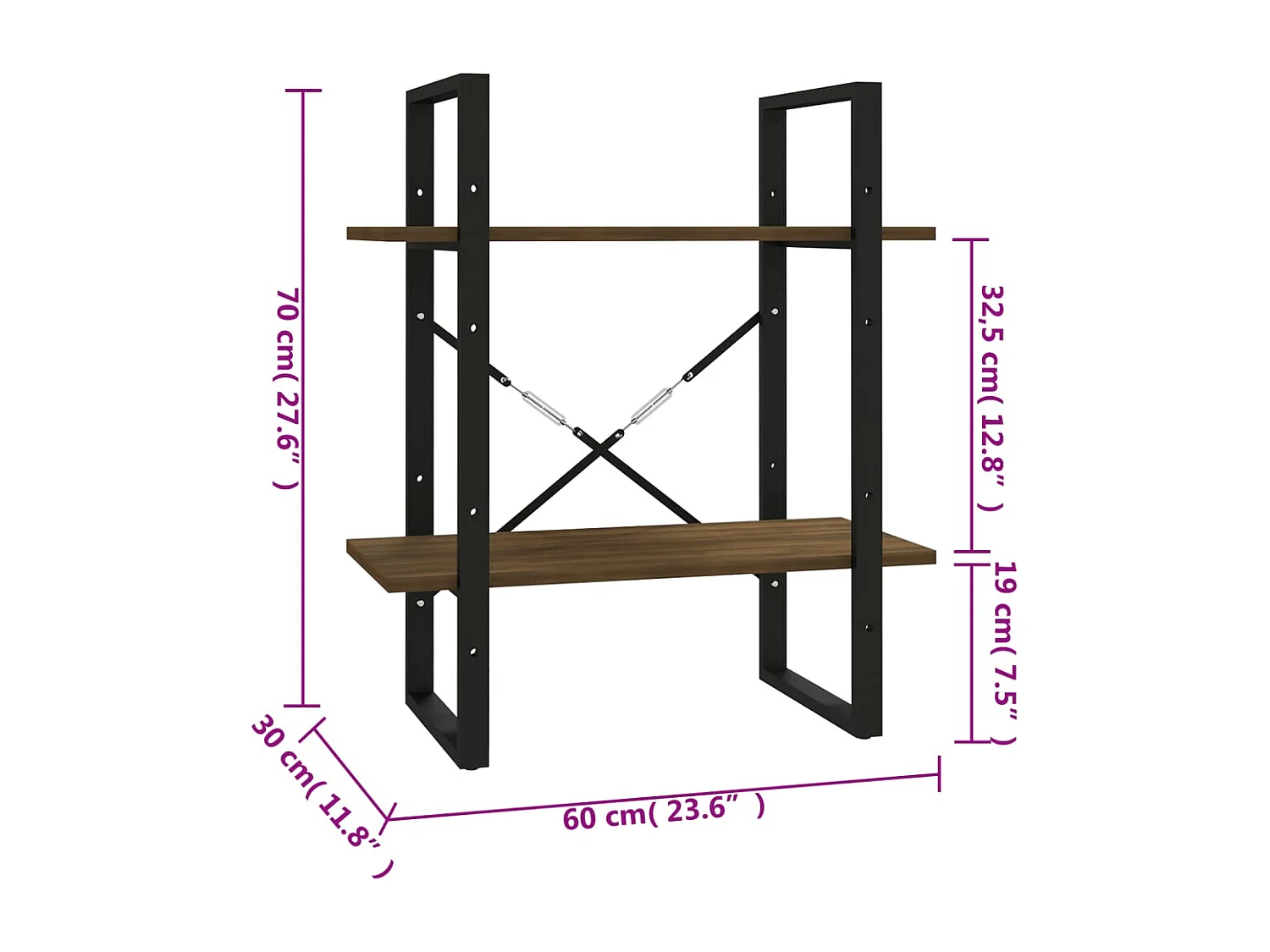 Roermond  Estantería contrachapada 2 niveles roble marrón 60x30x70 cm