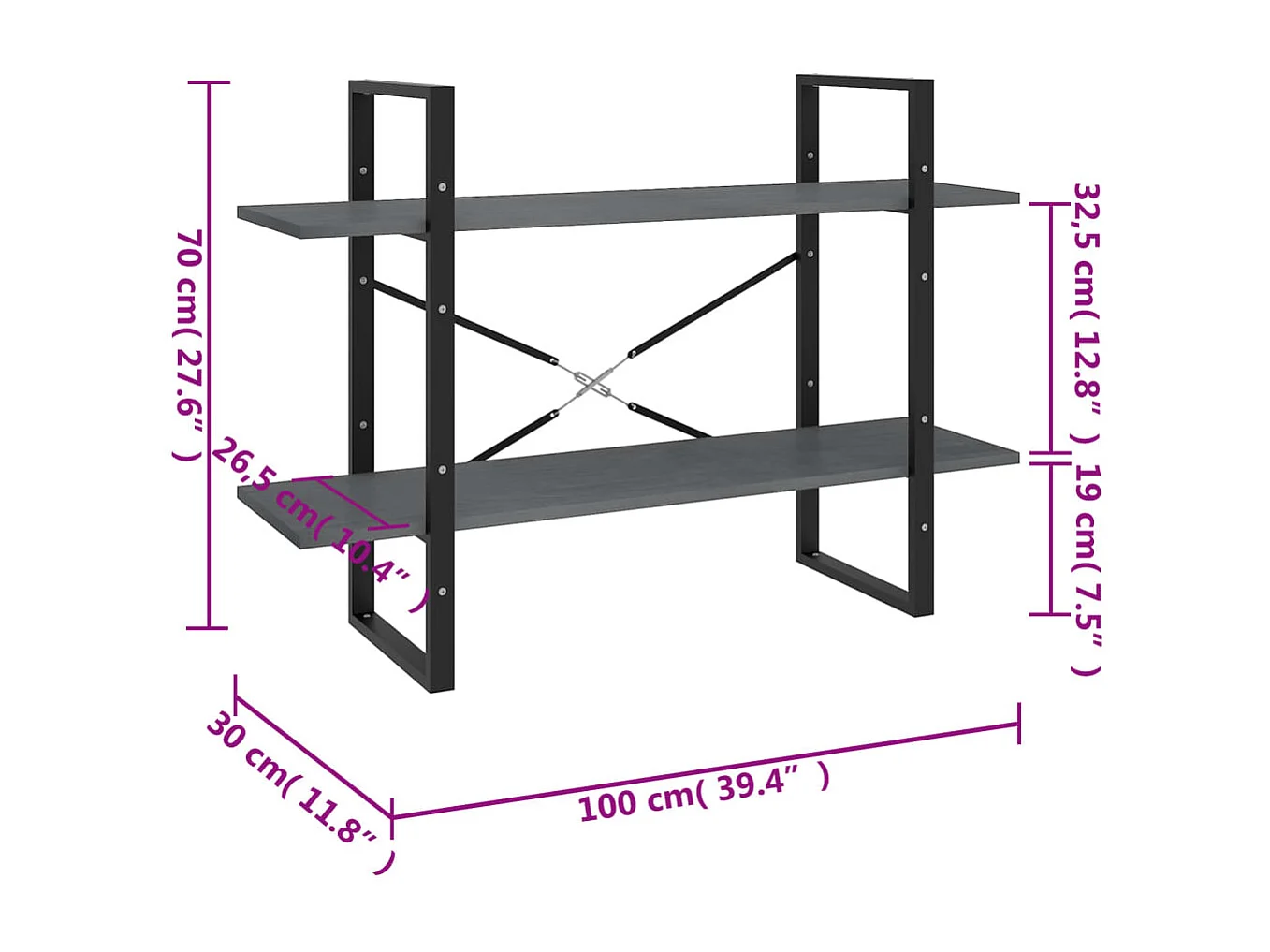Gitana  Bibliothèque à 2 niveaux Gris 100x30x70 cm Bois de pin massif