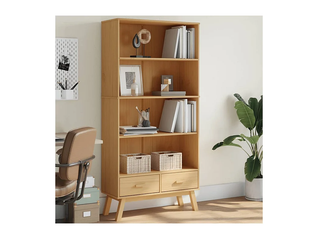 Fintra  Bibliothèque à 4 niveaux OLDEN marron bois de pin massif