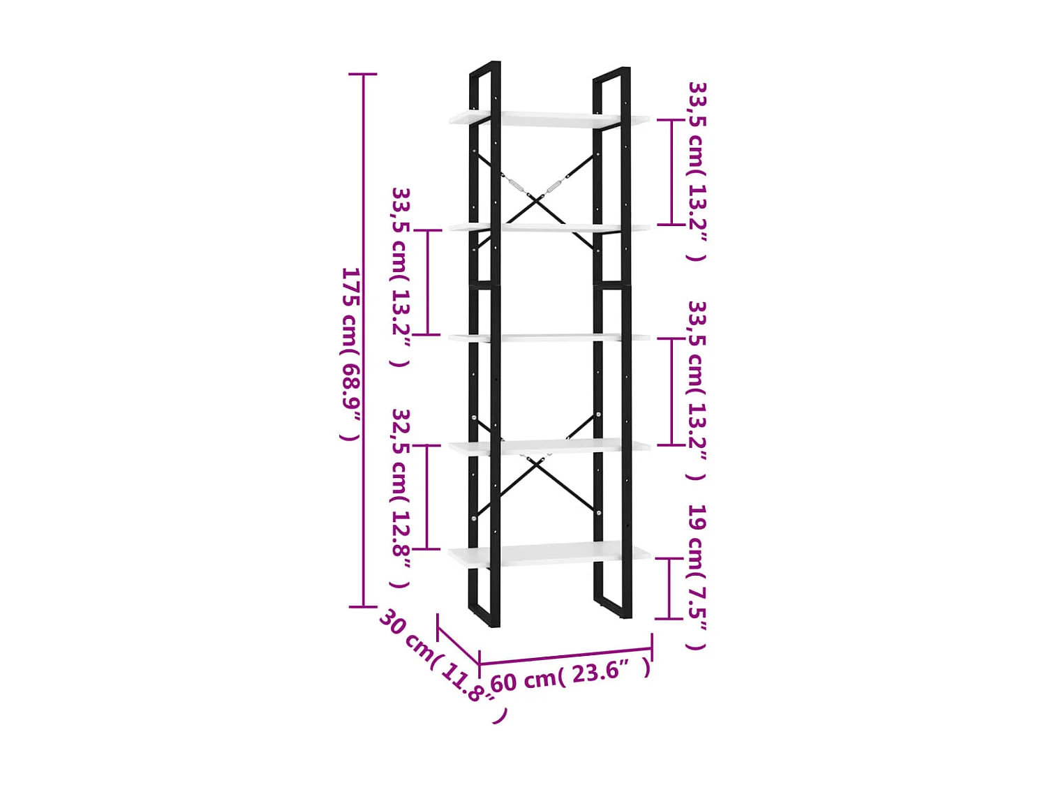 Edith  Bibliothèque à 5 niveaux Blanc 60x30x175 cm Bois ingénierie