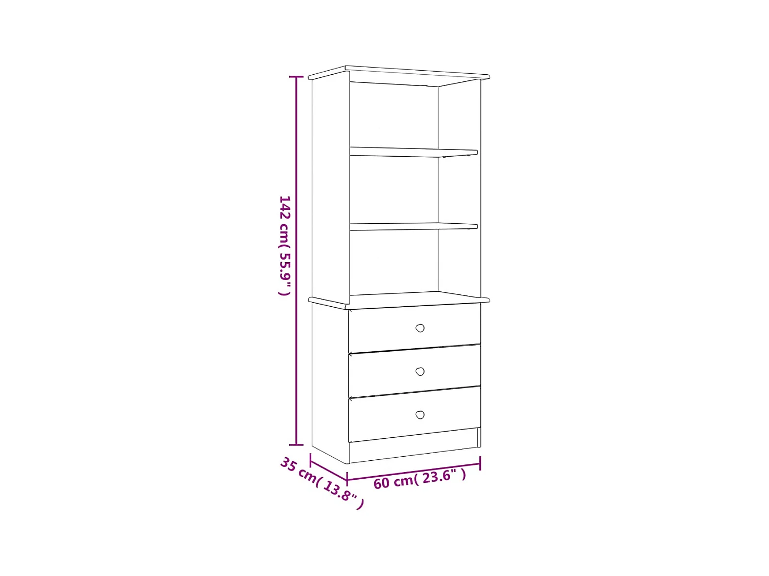 Arven  Bibliothèque et tiroirs ALTA blanc 60x35x142 cm bois massif pin