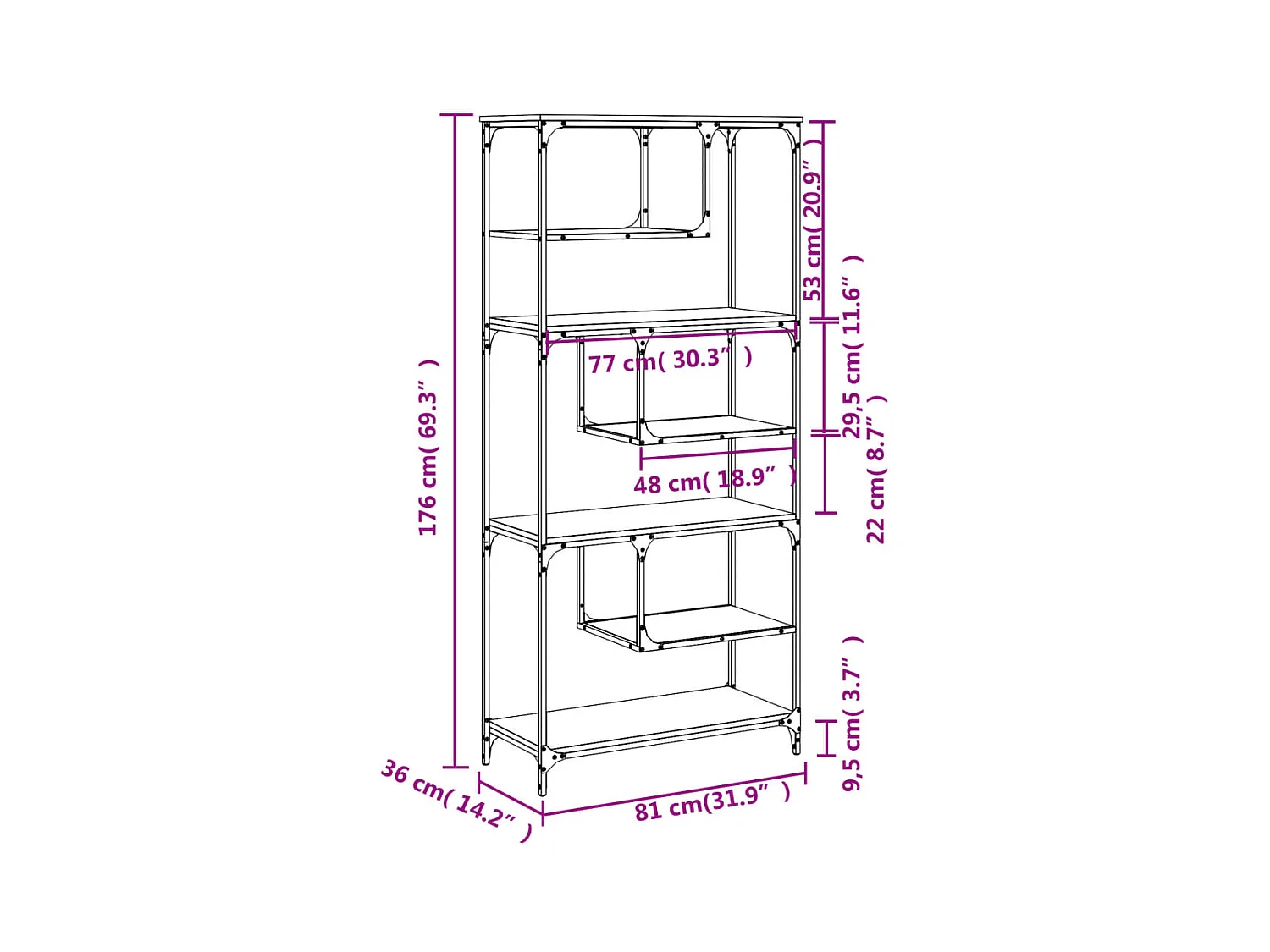 Pelin  Bibliothèque sonoma gris 81x36x176 cm bois d'ingénierie