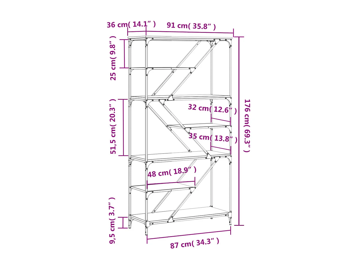Torgir  Estantería madera de ingeniería acero roble Sonoma 91x36x176 cm