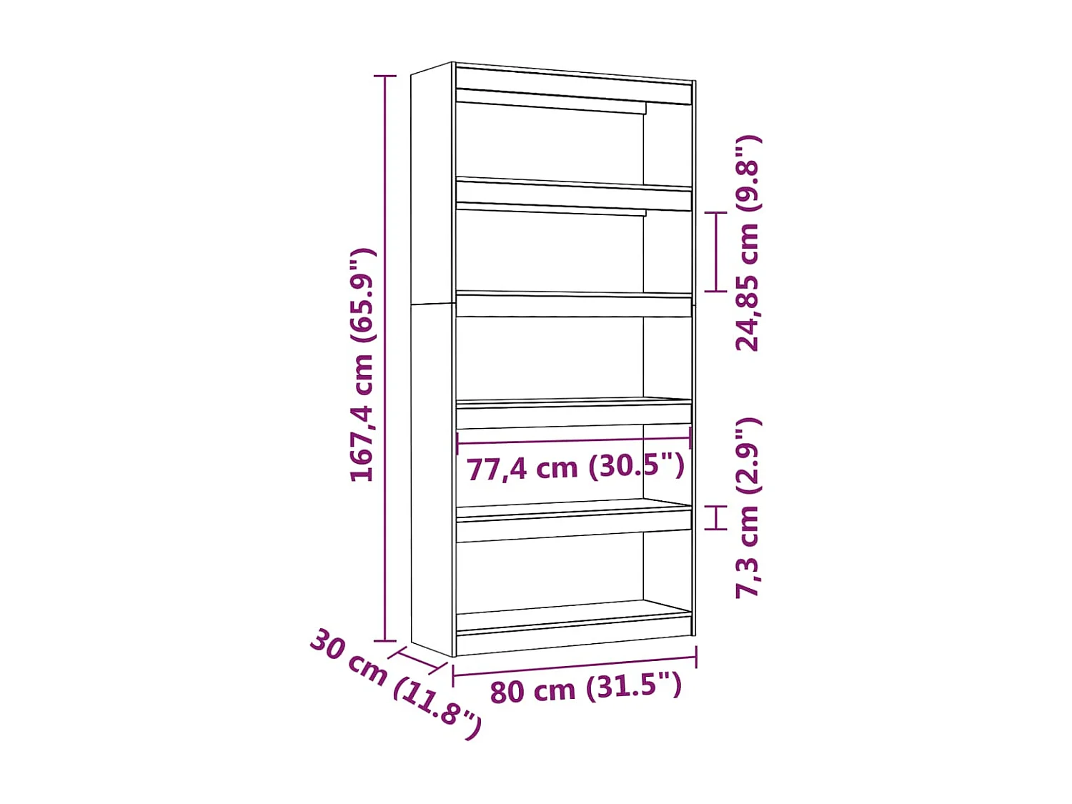 Aruna  Boekenkast/kamerscherm 80x30x167,4 cm massief grenenhout