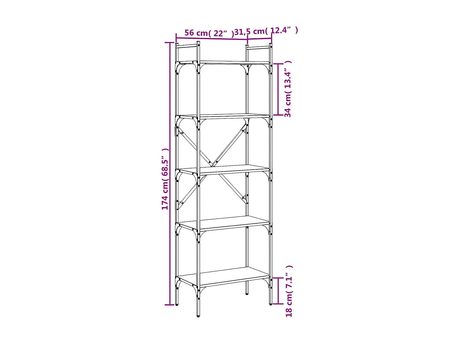 Fredrikstad  Boekenkast 5-laags 56x31,5x174 cm bewerkt hout grijs sonoma