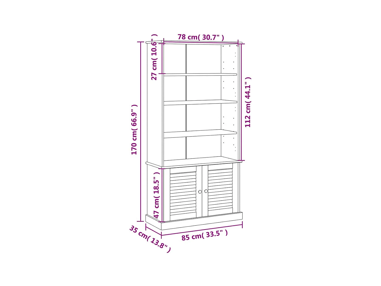 Larindor  Bibliothèque VIGO gris 85x35x170 cm bois massif de pin