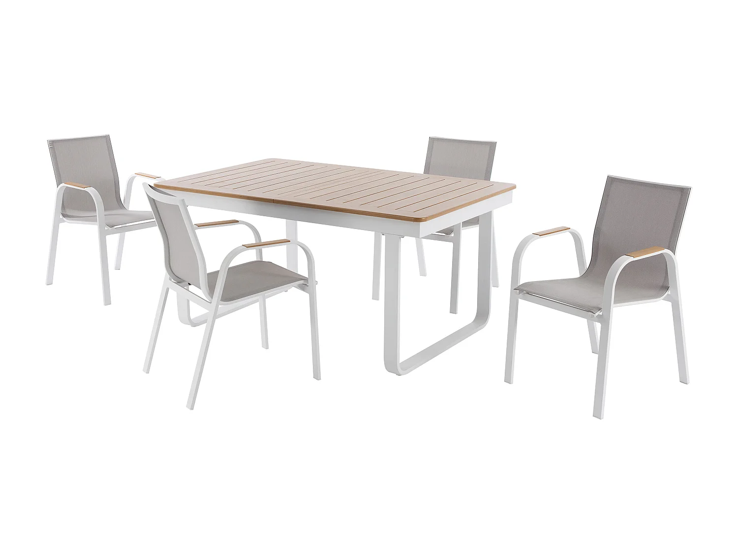 Aluminium tuineethoek: uitschuifbare aluminium tafel L.155/246 cm en 4 fauteuils - Licht naturel en wit - SERUNO van MYLIA