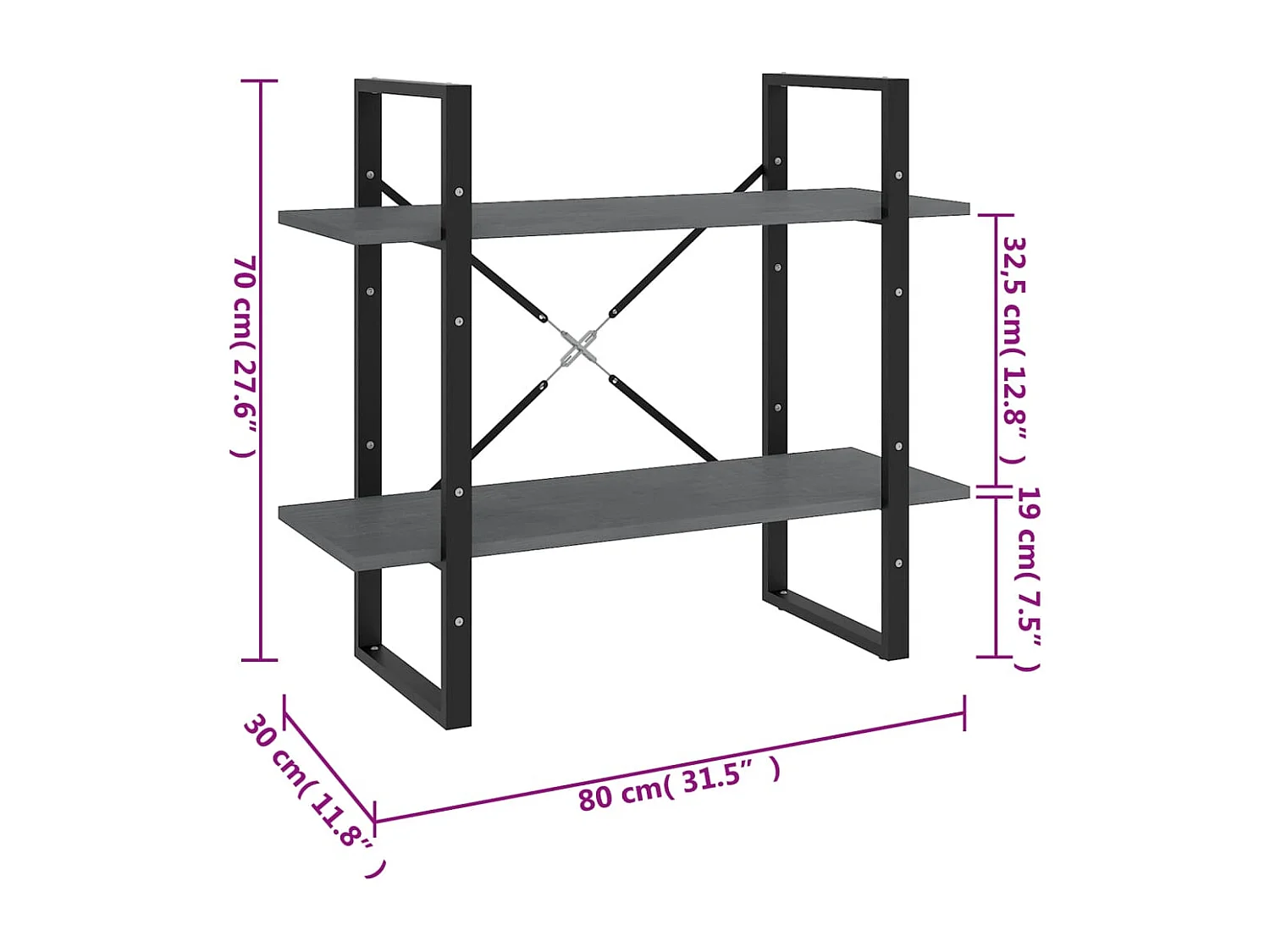 Vista  Bibliothèque à 2 niveaux Gris 80x30x70 cm Bois de pin massif