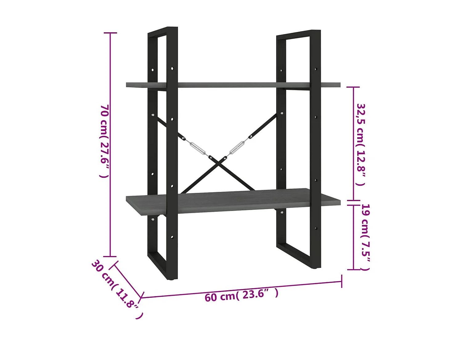Roermond  Bibliothèque à 2 niveaux Gris 60x30x70 cm Bois de pin massif