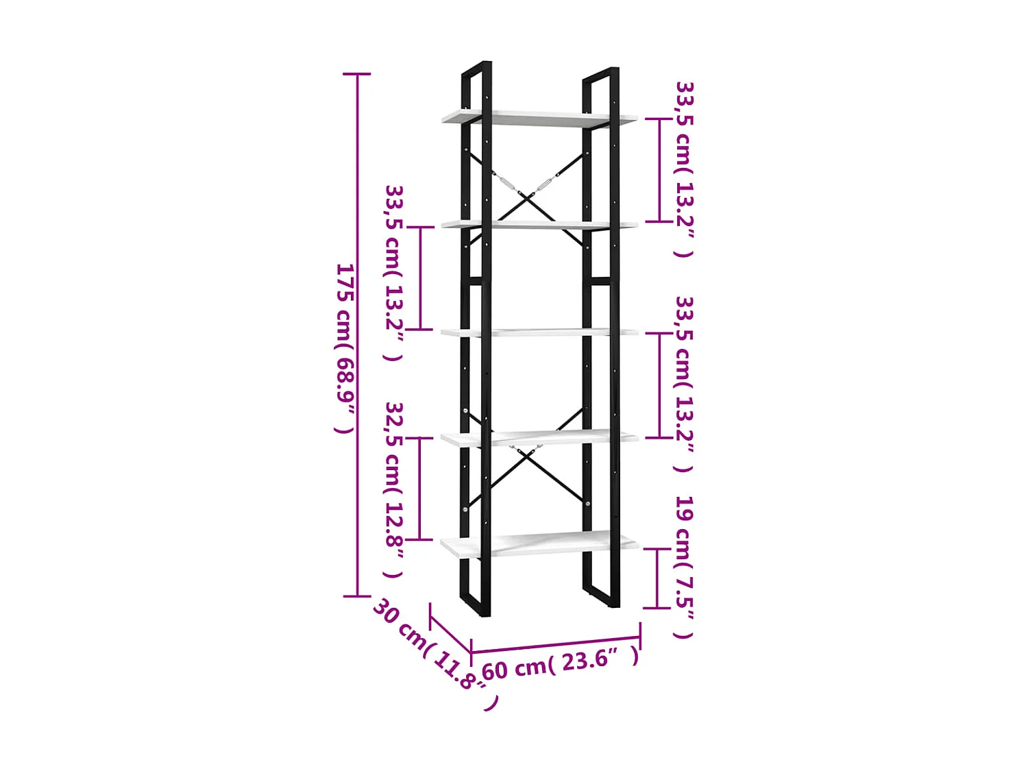 Aubagne  Bibliothèque à 5 niveaux Blanc 60x30x175 cm Bois de pin
