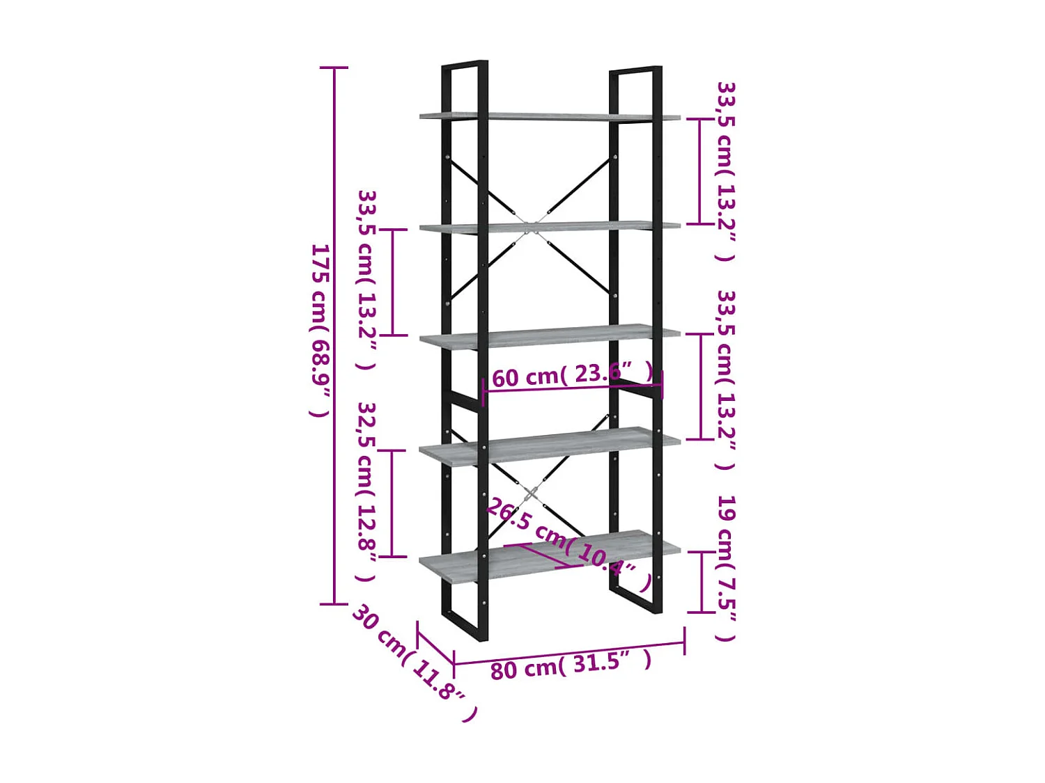 Edith  Boekenkast 80x30x175 cm bewerkt hout grijs sonoma eikenkleurig