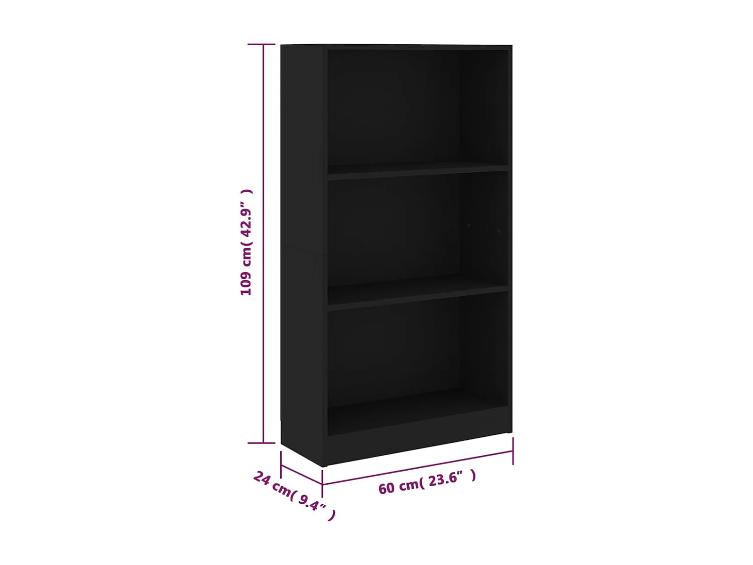 Jairo  Bibliothèque 3 niveaux Noir 60x24x109 cm Bois d'ingénierie