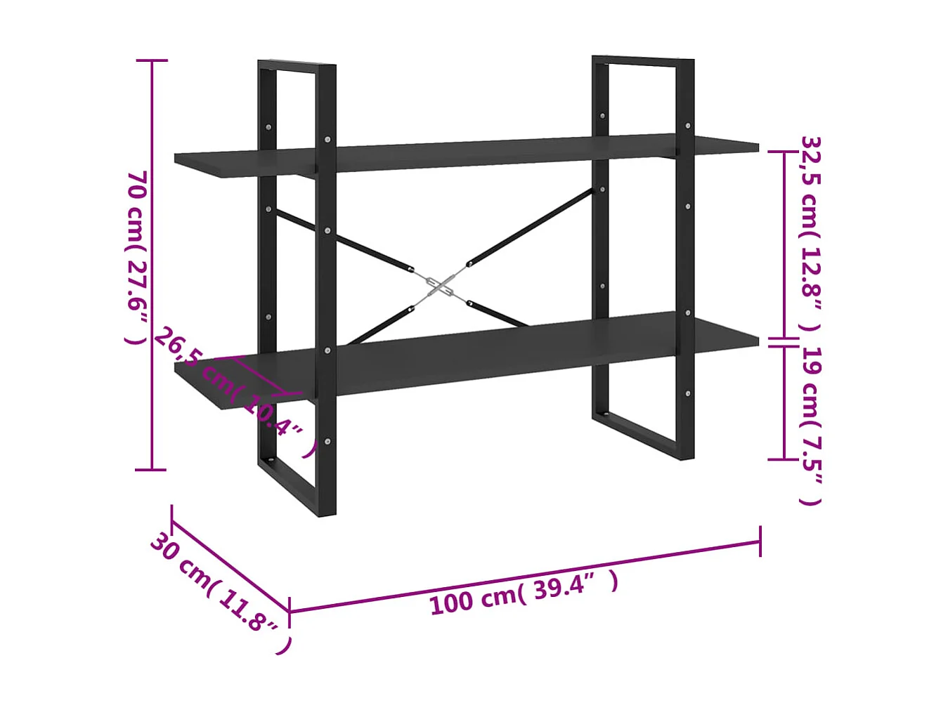 Gitana  Bibliothèque à 2 niveaux gris 100x30x70 cm bois d'ingénierie