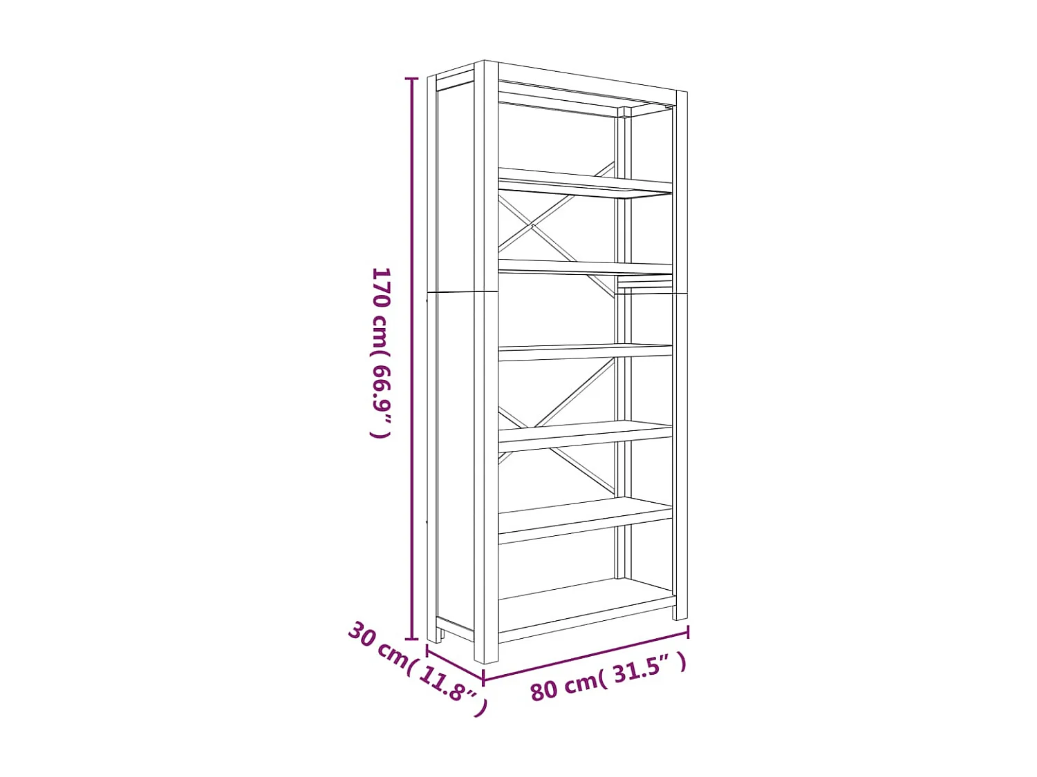 Pippa  Bibliothèque 6 niveaux 80x30x170 cm Bois solide d'acacia