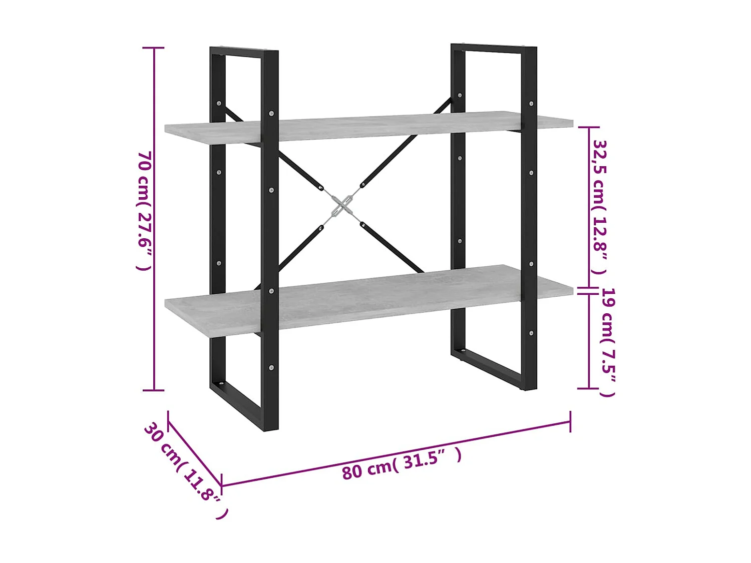 Vista  Bibliothèque à 2 niveaux Gris béton 80x30x70 cm bois ingénierie