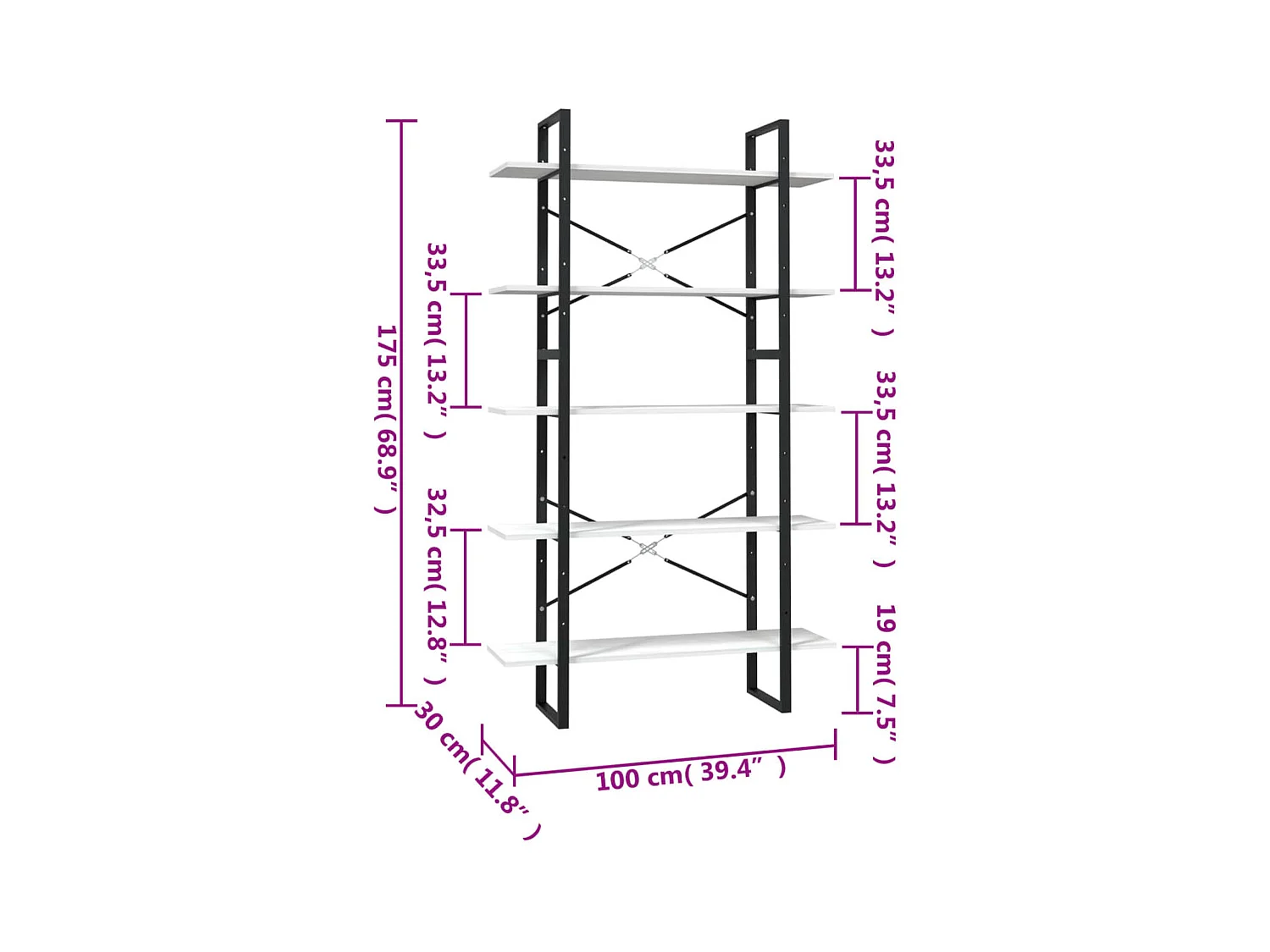 Aubagne  Bibliothèque à 5 niveaux Blanc 100x30x175 cm Bois de pin