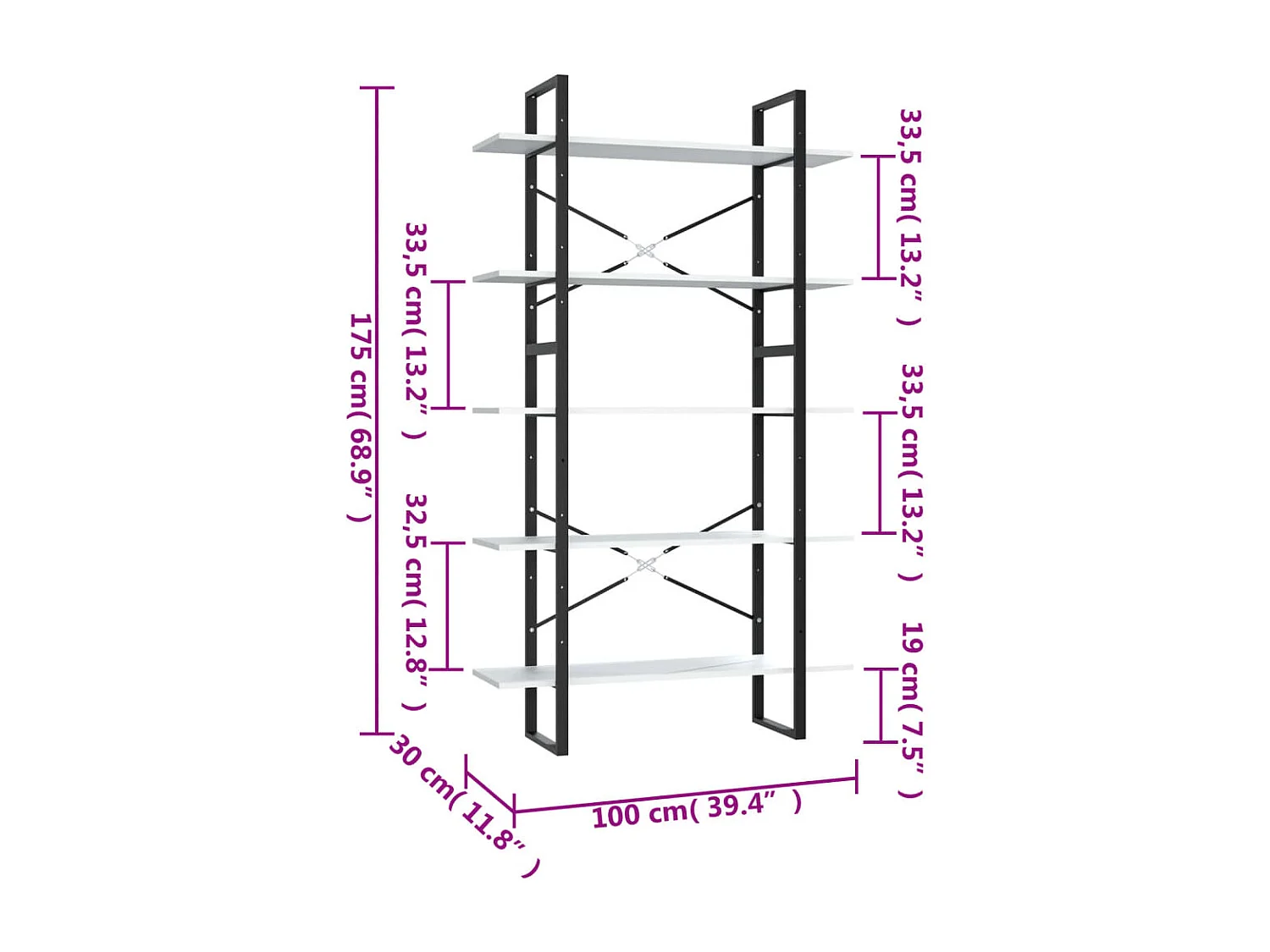 Edith  Bibliothèque à 5 niveaux Blanc 100x30x175 cm Bois d'ingénierie