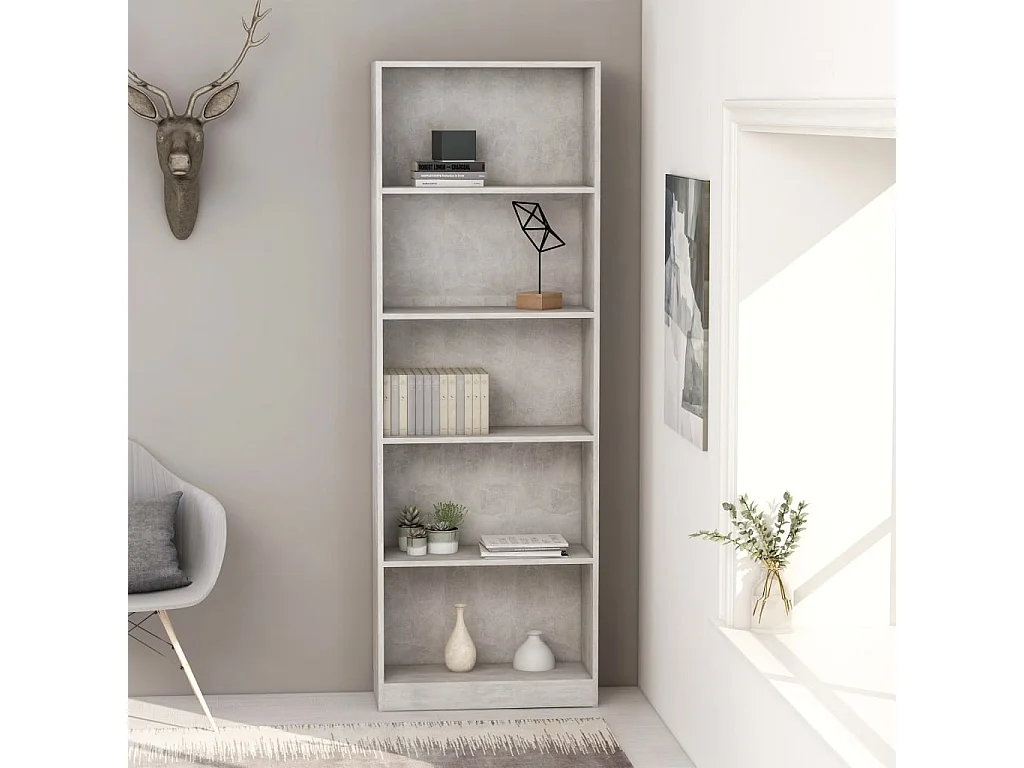 Jairo  Bibliothèque à 5 niveaux Gris béton 60x24x175cm Bois ingénierie