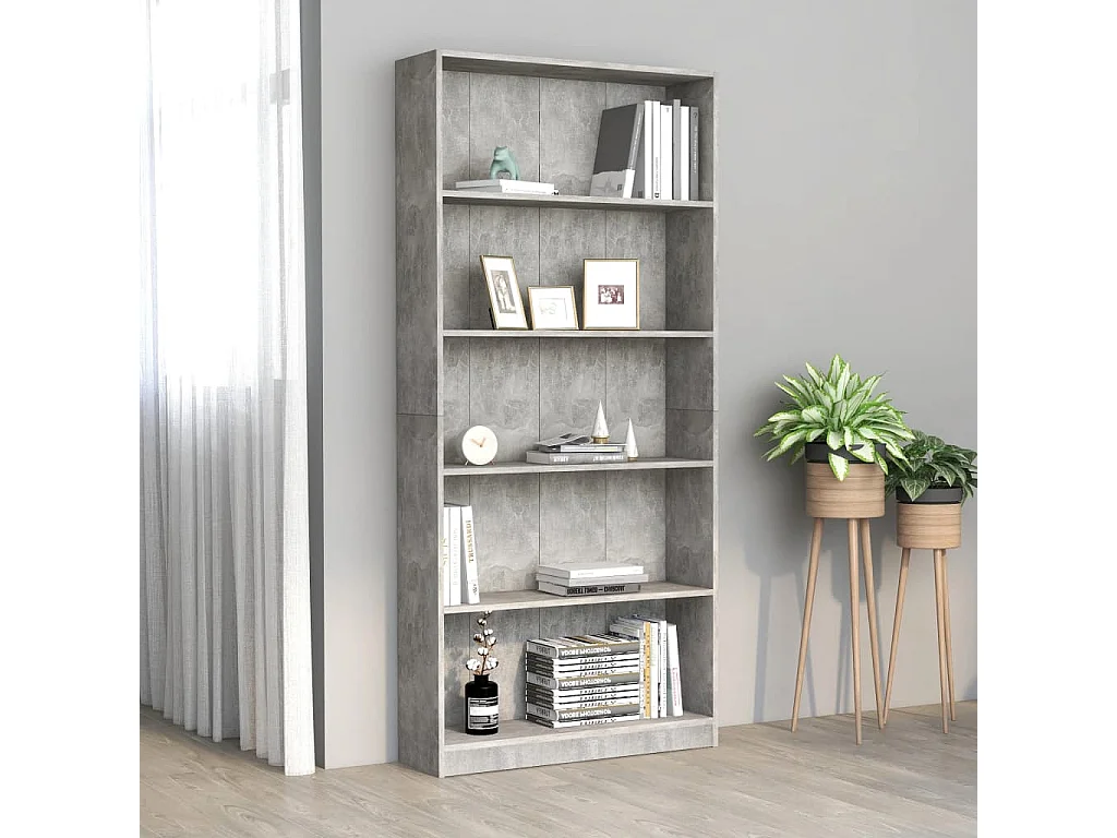 Jairo  Bibliothèque à 5 niveaux Gris béton 80x24x175cm Bois ingénierie