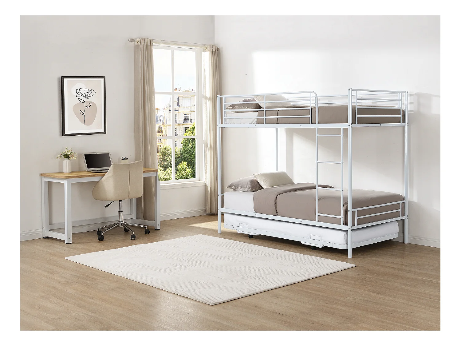 Lits superposés 2 x 90 x 190 cm avec lit d'appoint - Blanc - DUOTIS