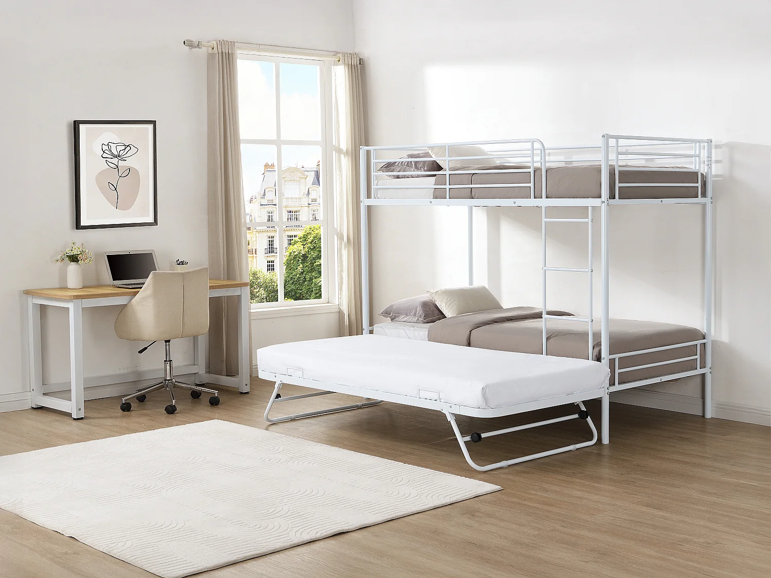 Lits superposés 2 x 90 x 190 cm avec lit d'appoint - Blanc - DUOTIS