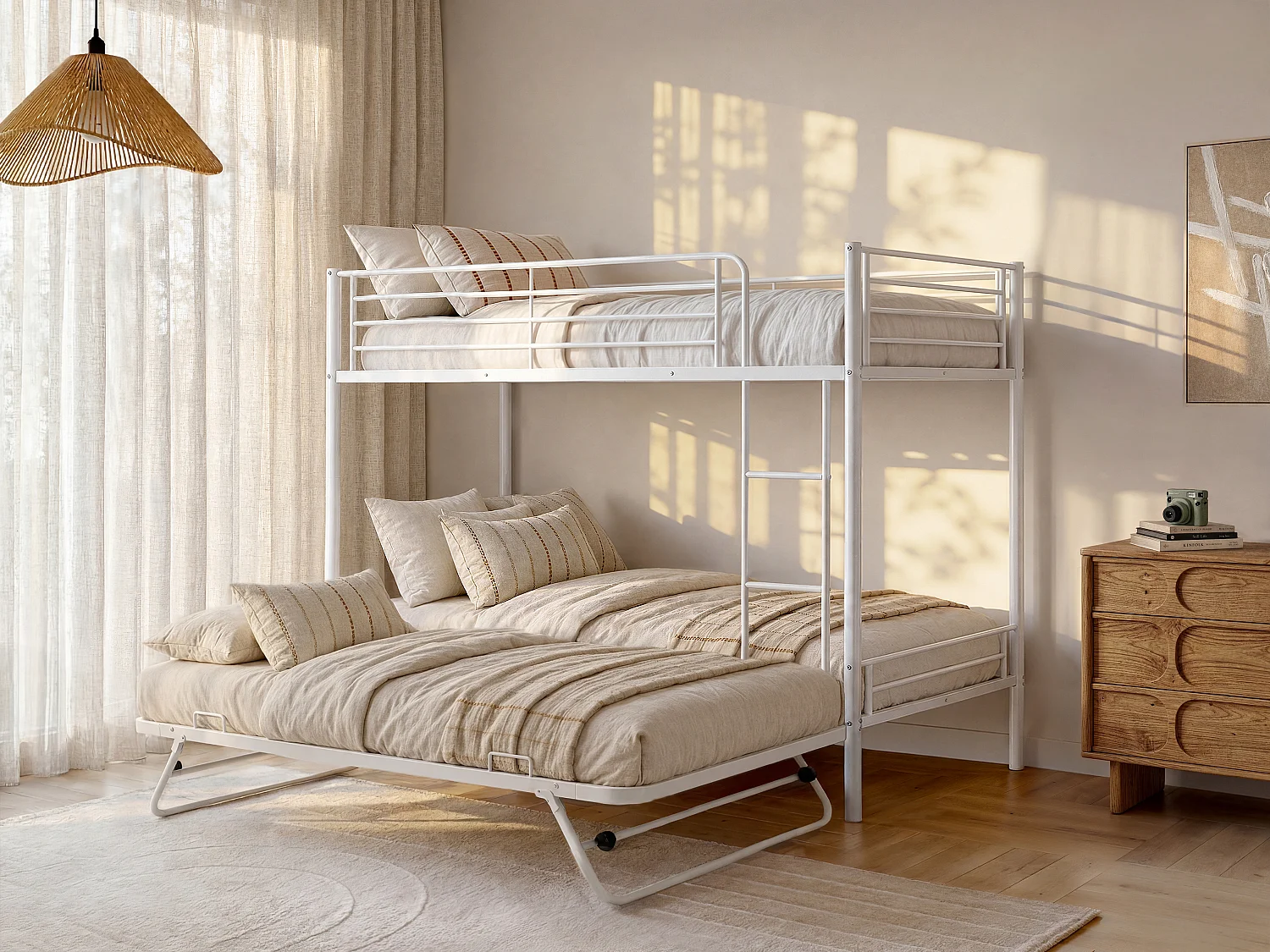 Lits superposés 2 x 90 x 190 cm avec lit d'appoint - Blanc - DUOTIS