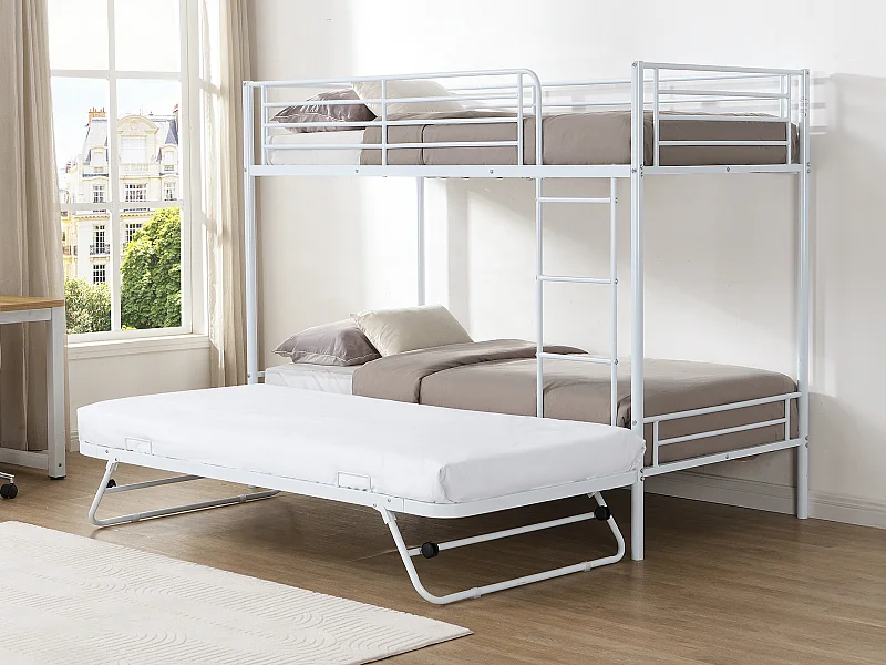 Lits superposés 2 x 90 x 190 cm avec lit d'appoint - Blanc - DUOTIS