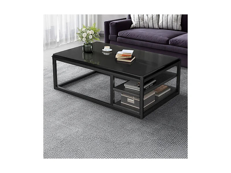 TABLE BASSES MODERNE BANQUETTE AVEC ÉTAGÈRES SALON GRAND 120 CM LOFT NOIR