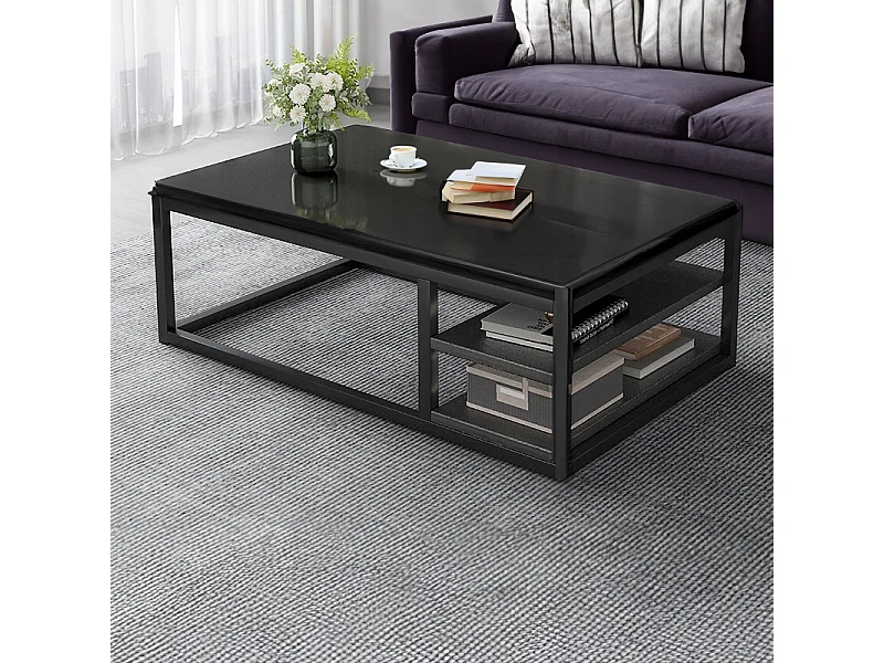 TABLE BASSES MODERNE BANQUETTE AVEC ÉTAGÈRES SALON GRAND 120 CM LOFT NOIR