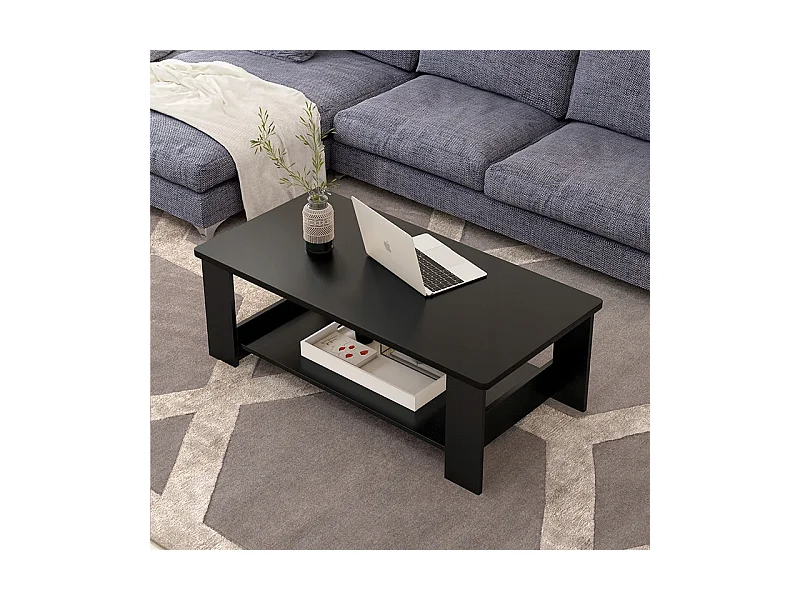 TABLE BASSES MODERNE BANQUETTE AVEC ÉTAGÈRE SALON GRAND 100 CM LOFT NOIR