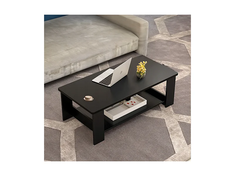 TABLE BASSES MODERNE BANQUETTE AVEC ÉTAGÈRE SALON GRAND 100 CM LOFT NOIR