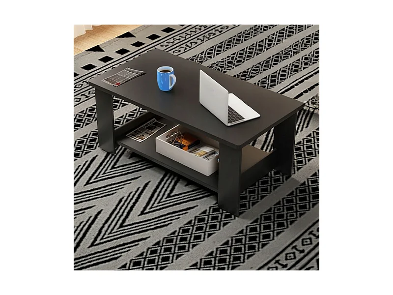 TABLE BASSES MODERNE BANQUETTE AVEC ÉTAGÈRE SALON GRAND 100 CM LOFT NOIR