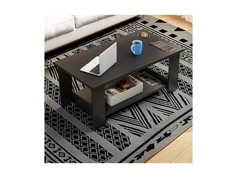 TABLE BASSES MODERNE BANQUETTE AVEC ÉTAGÈRE SALON GRAND 100 CM LOFT NOIR