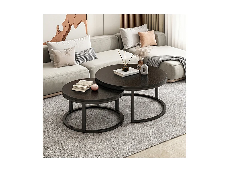 TABLE BASSES RONDES, LOT DE 2 TABLES NOIRES MODERNES POUR SALON LOFT