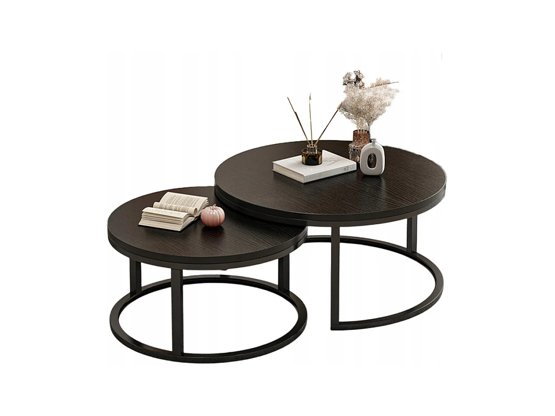 TABLE BASSES RONDES, LOT DE 2 TABLES NOIRES MODERNES POUR SALON LOFT