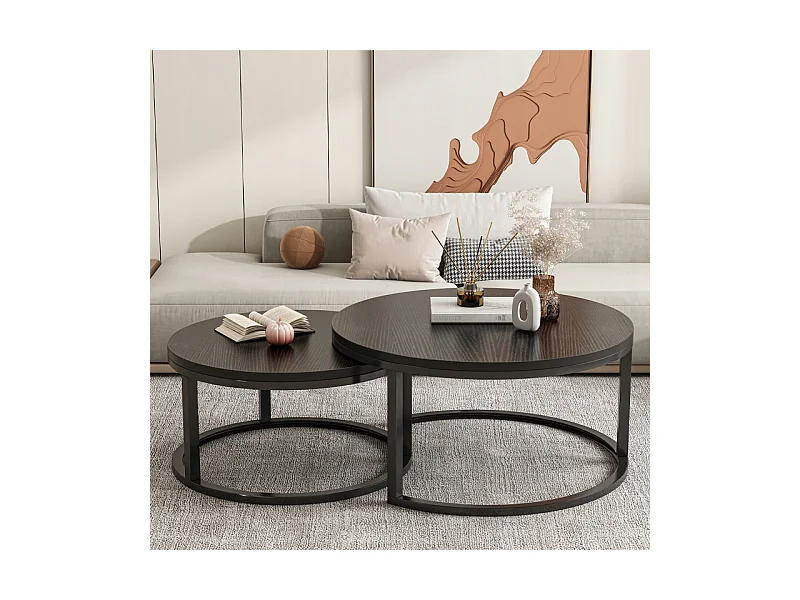 TABLE BASSES RONDES, LOT DE 2 TABLES NOIRES MODERNES POUR SALON LOFT