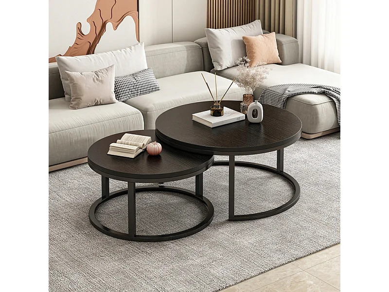 TAVOLINO ROTONDO SET DI 2 TAVOLINI NERI MODERNI LOFT SALOTTO