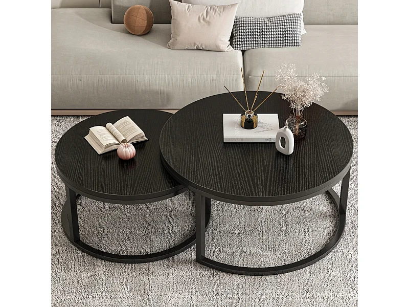 TAVOLINO ROTONDO SET DI 2 TAVOLINI NERI MODERNI LOFT SALOTTO