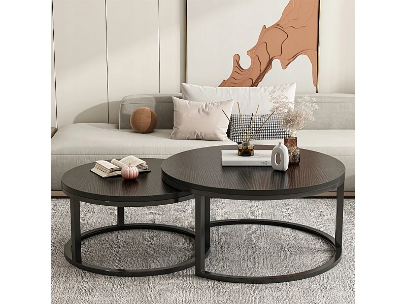 TAVOLINO ROTONDO SET DI 2 TAVOLINI NERI MODERNI LOFT SALOTTO
