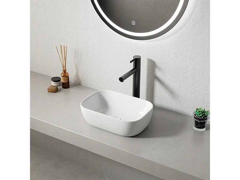 CERAMIC COUNTERTOP WASHBASIN, WHITE, RECTANGULAR, GLOSSY, 37 x 25.5CM